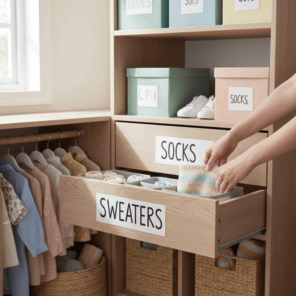Neatly organized closet with folded clothing and labeled bins