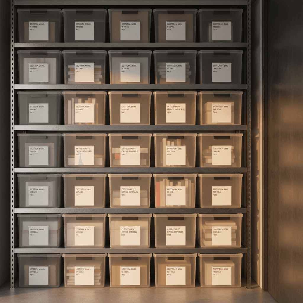 Storage space with labeled bins and neat shelving