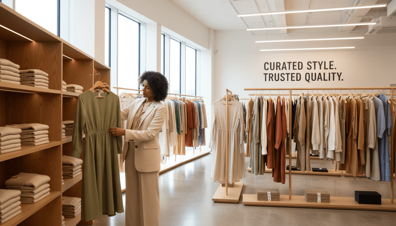 Woman arranging folded clothes on shelves in a bright organized walk-in closet
