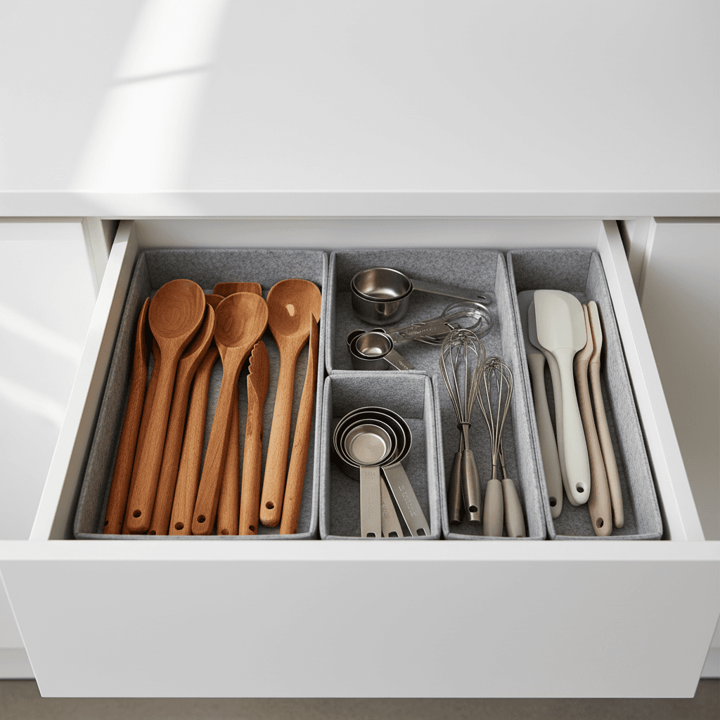 Kitchen cabinet decluttering with stackable containers
