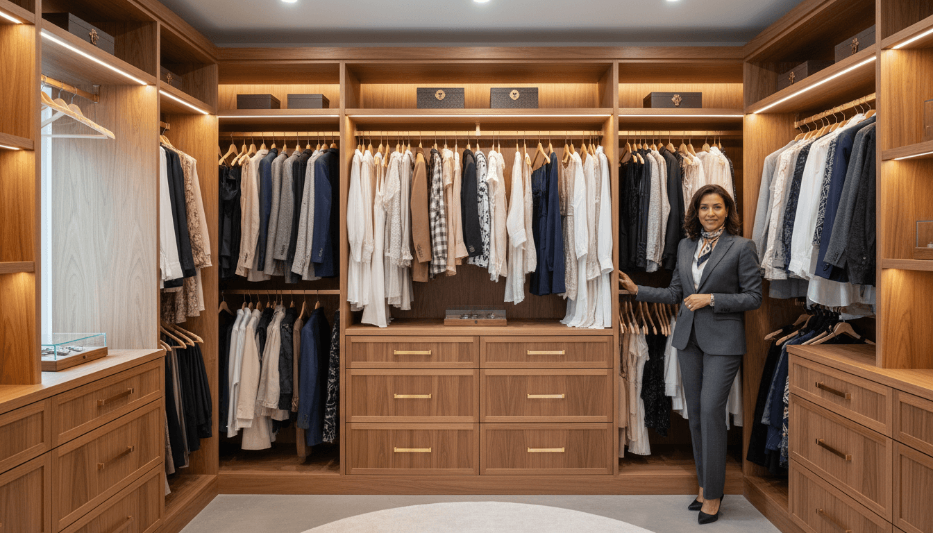 Bright, neatly organized walk-in closet with folded clothes and tidy shelves