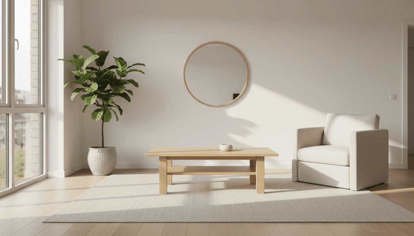Tidy, cozy living room with neat shelves and soft natural light