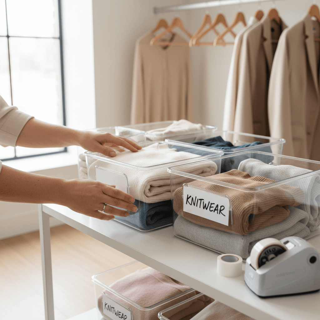 Closet declutter with labeled bins