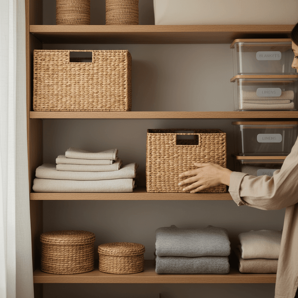 Simple living room shelf with minimal decor and woven baskets