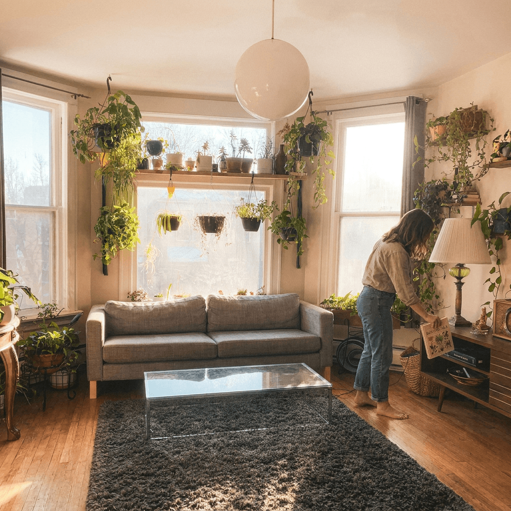 Home organizer working with a client in a bright, tidy living room