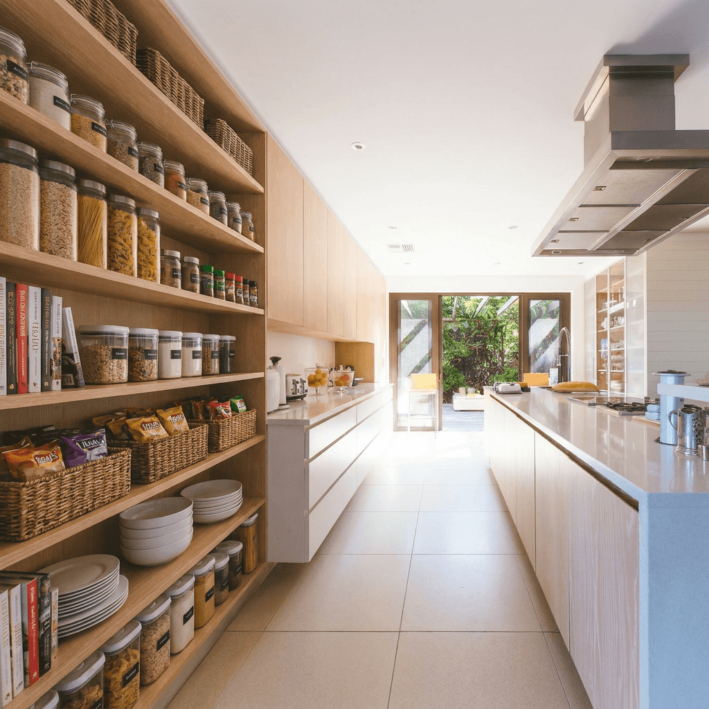 Clean kitchen counter with organized pantry jars and containers