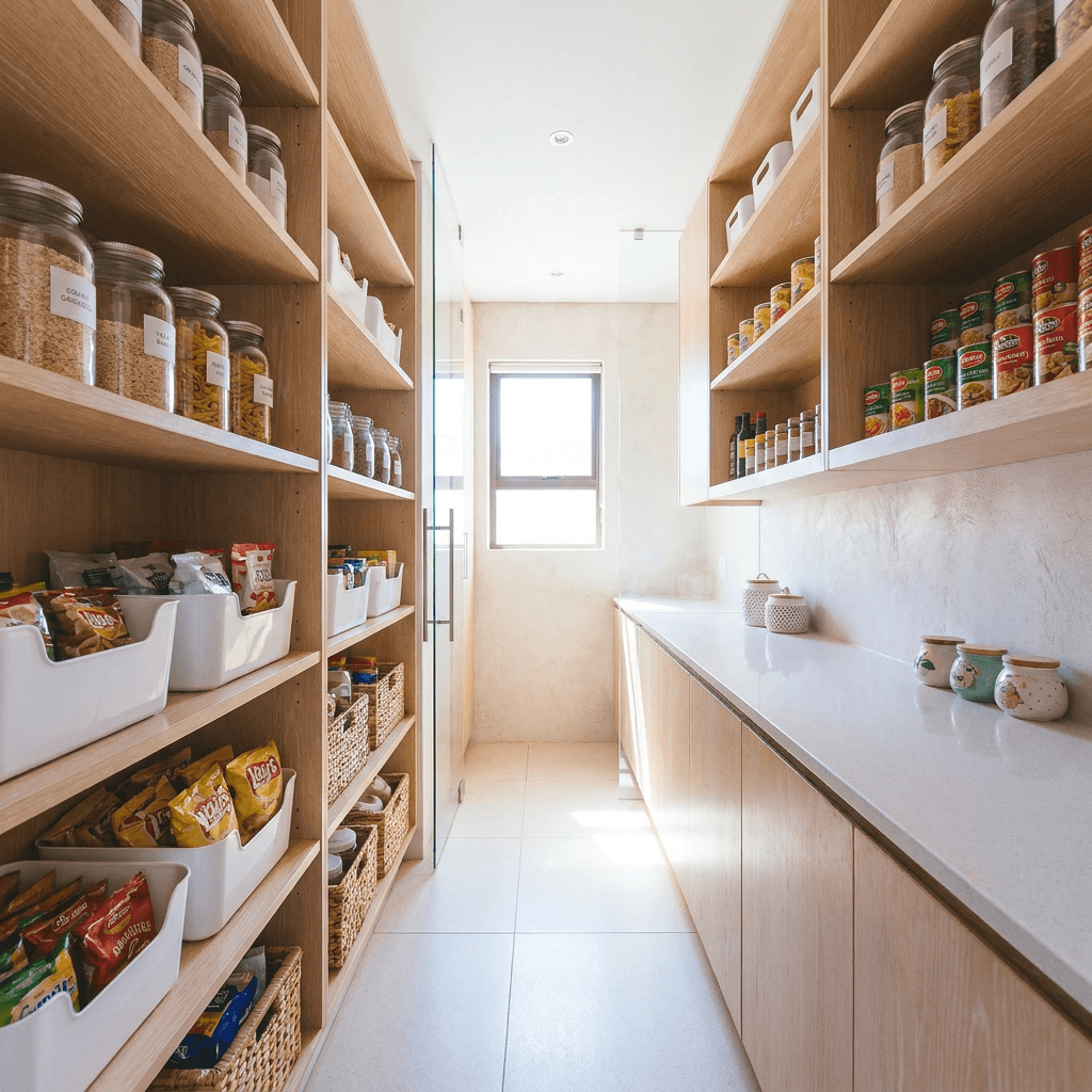Pantry shelves with labeled canisters and neatly stacked food containers